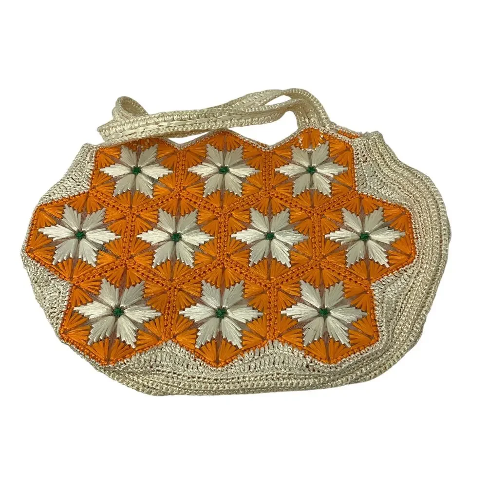 Vintage 70s Handmade Raffia Straw Floral Tote Bag Orange White Boho Beach Purse